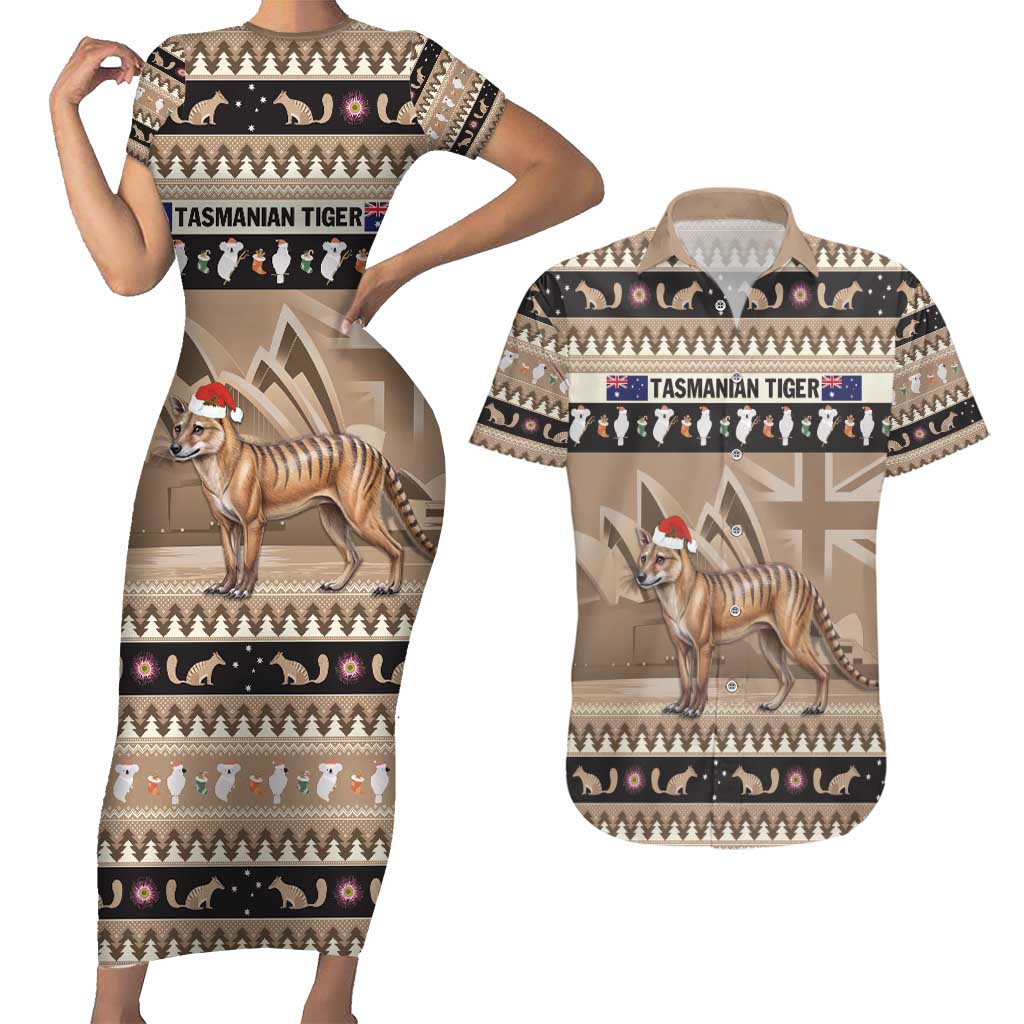 Aussie Tasmanian Tiger Couples Matching Short Sleeve Bodycon Dress and Hawaiian Shirt Merry Christmas