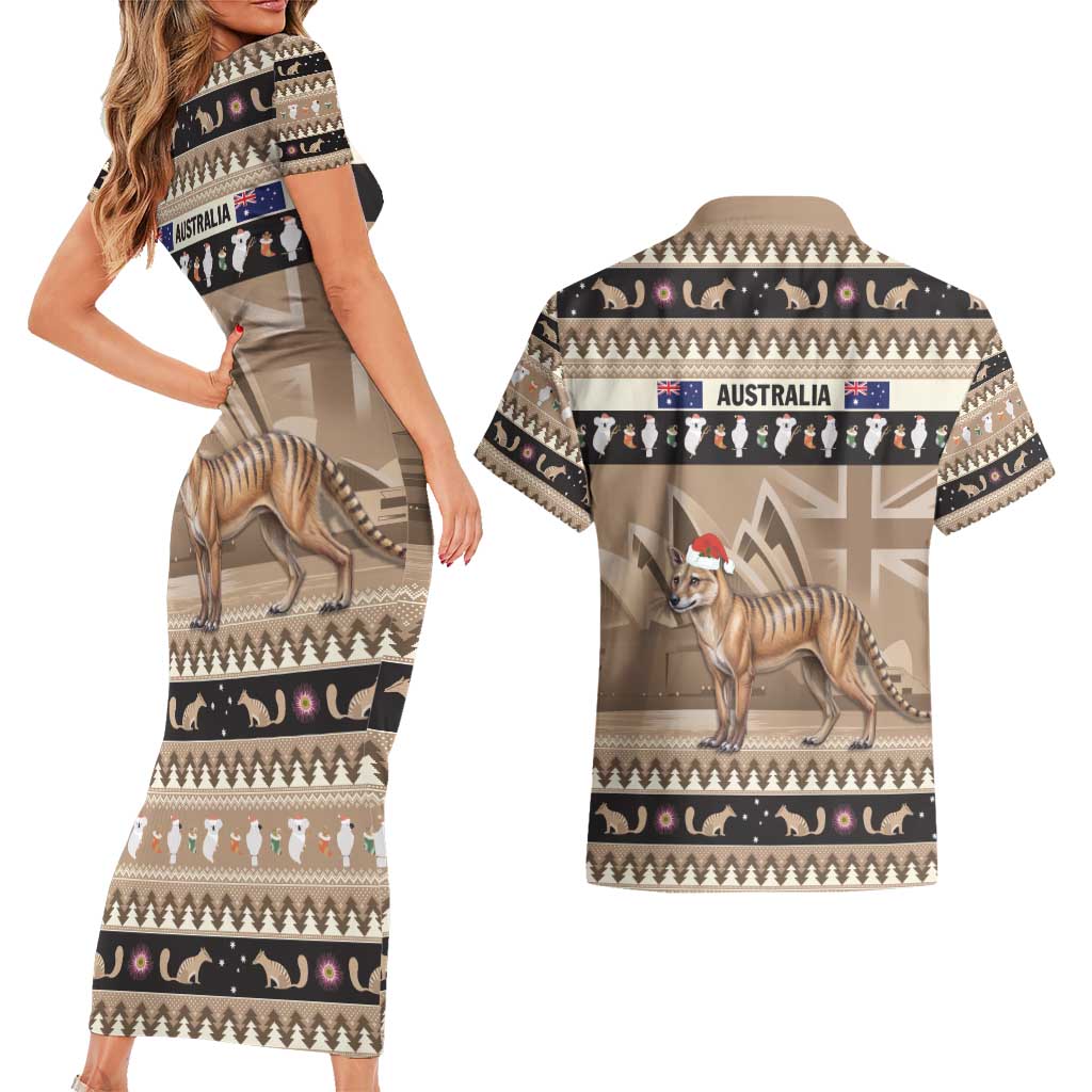 Aussie Tasmanian Tiger Couples Matching Short Sleeve Bodycon Dress and Hawaiian Shirt Merry Christmas