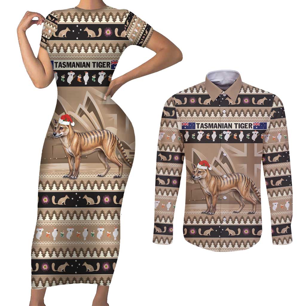 Aussie Tasmanian Tiger Couples Matching Short Sleeve Bodycon Dress and Long Sleeve Button Shirt Merry Christmas