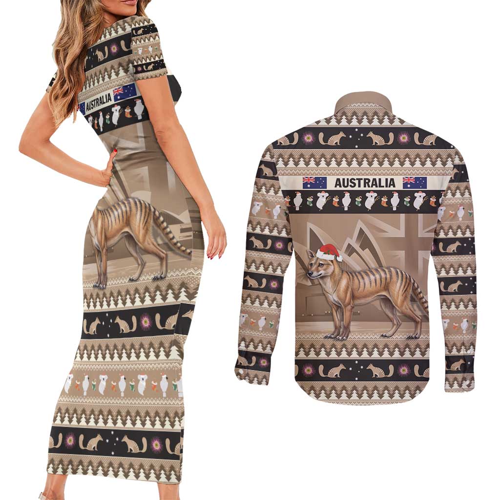 Aussie Tasmanian Tiger Couples Matching Short Sleeve Bodycon Dress and Long Sleeve Button Shirt Merry Christmas