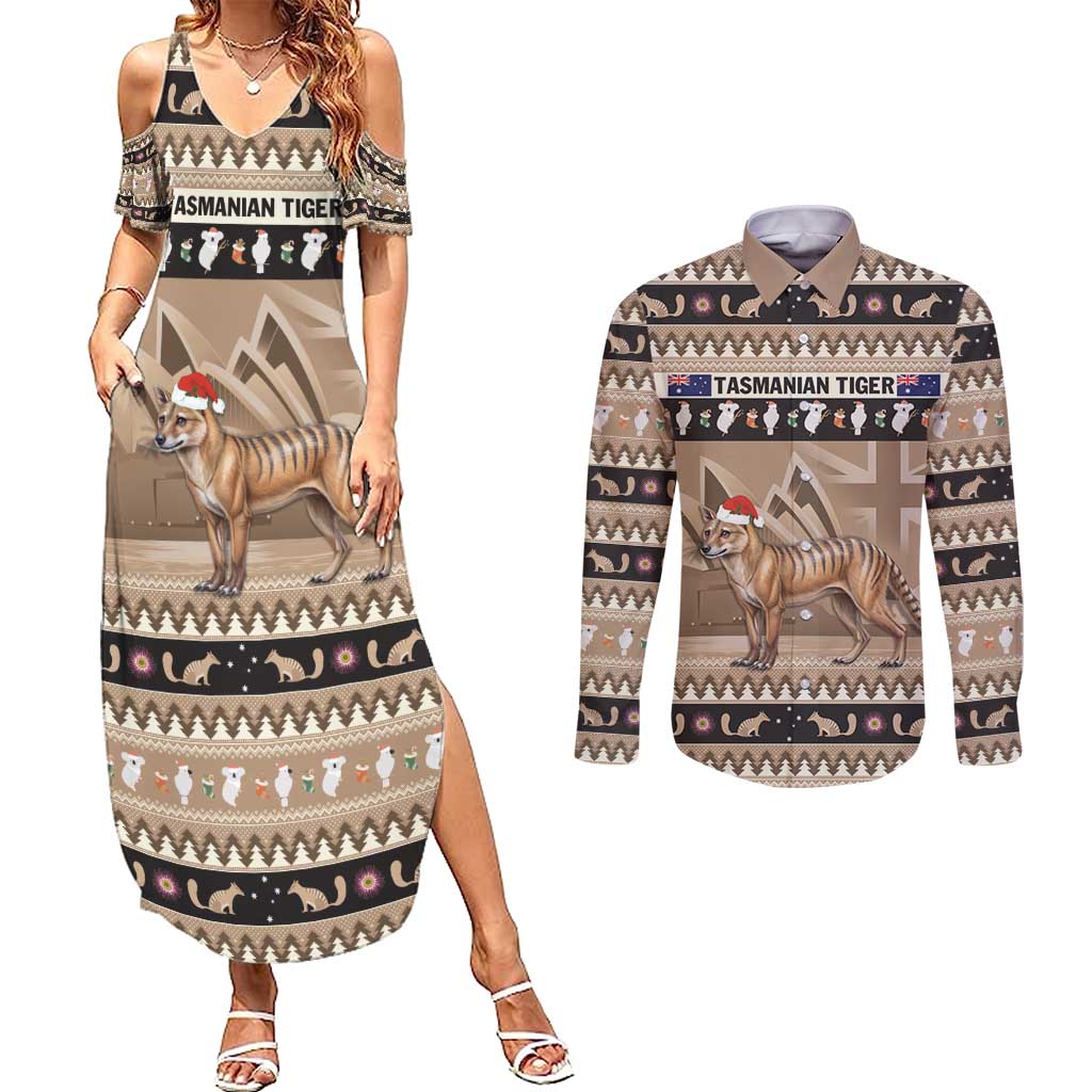 Aussie Tasmanian Tiger Couples Matching Summer Maxi Dress and Long Sleeve Button Shirt Merry Christmas