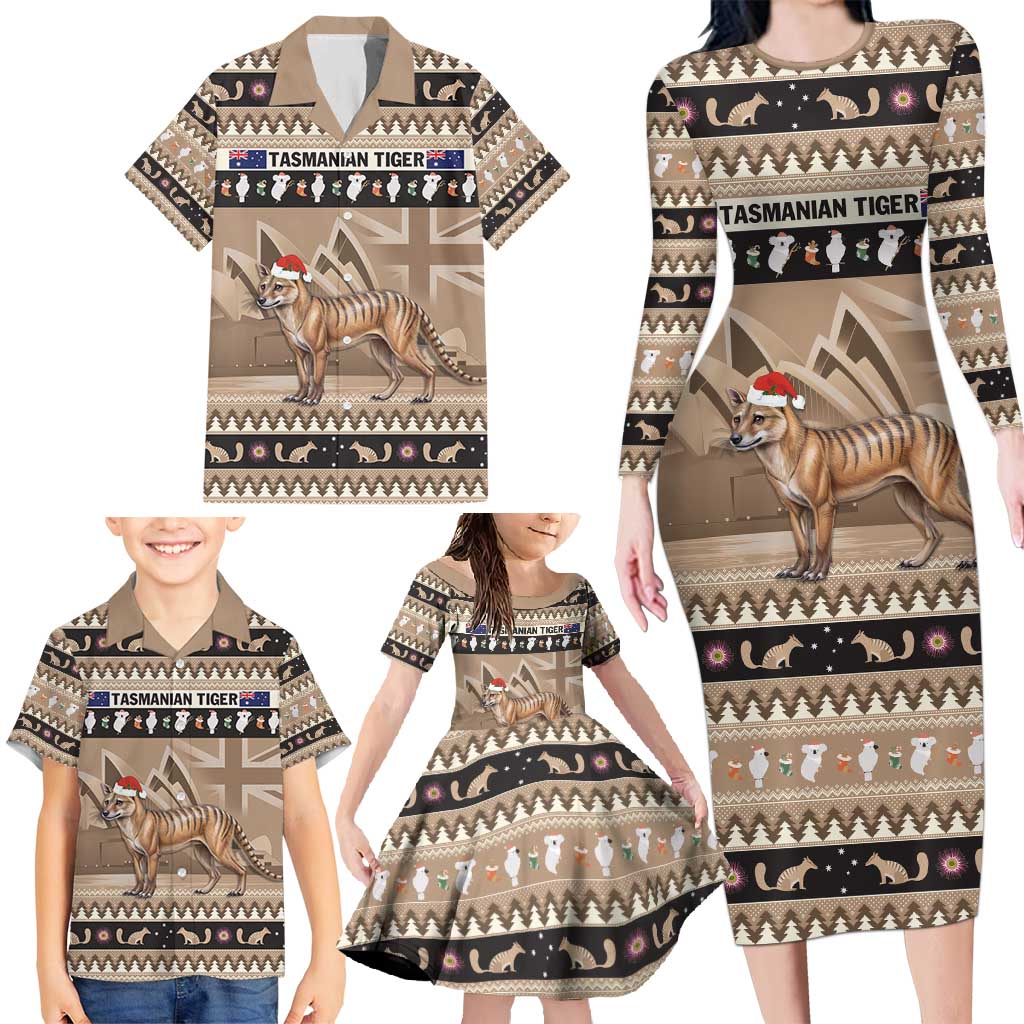 Aussie Tasmanian Tiger Family Matching Long Sleeve Bodycon Dress and Hawaiian Shirt Merry Christmas