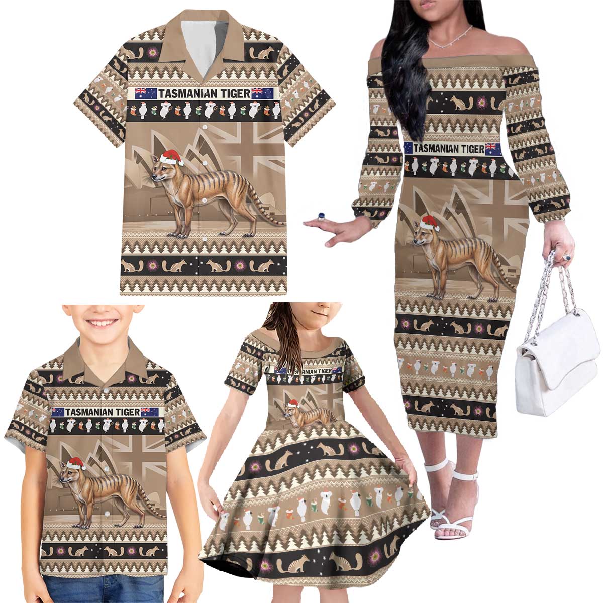Aussie Tasmanian Tiger Family Matching Off The Shoulder Long Sleeve Dress and Hawaiian Shirt Merry Christmas