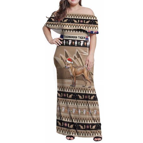Aussie Tasmanian Tiger Family Matching Off Shoulder Maxi Dress and Hawaiian Shirt Merry Christmas