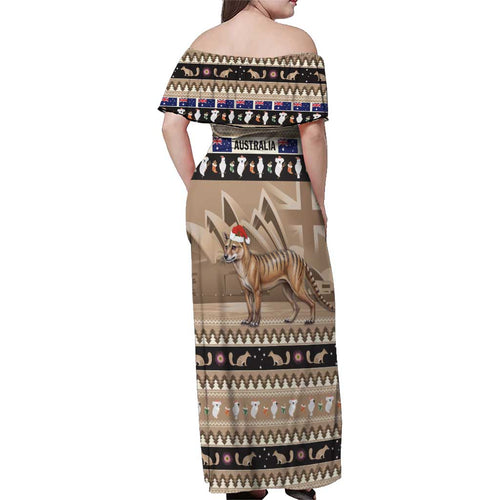 Aussie Tasmanian Tiger Family Matching Off Shoulder Maxi Dress and Hawaiian Shirt Merry Christmas