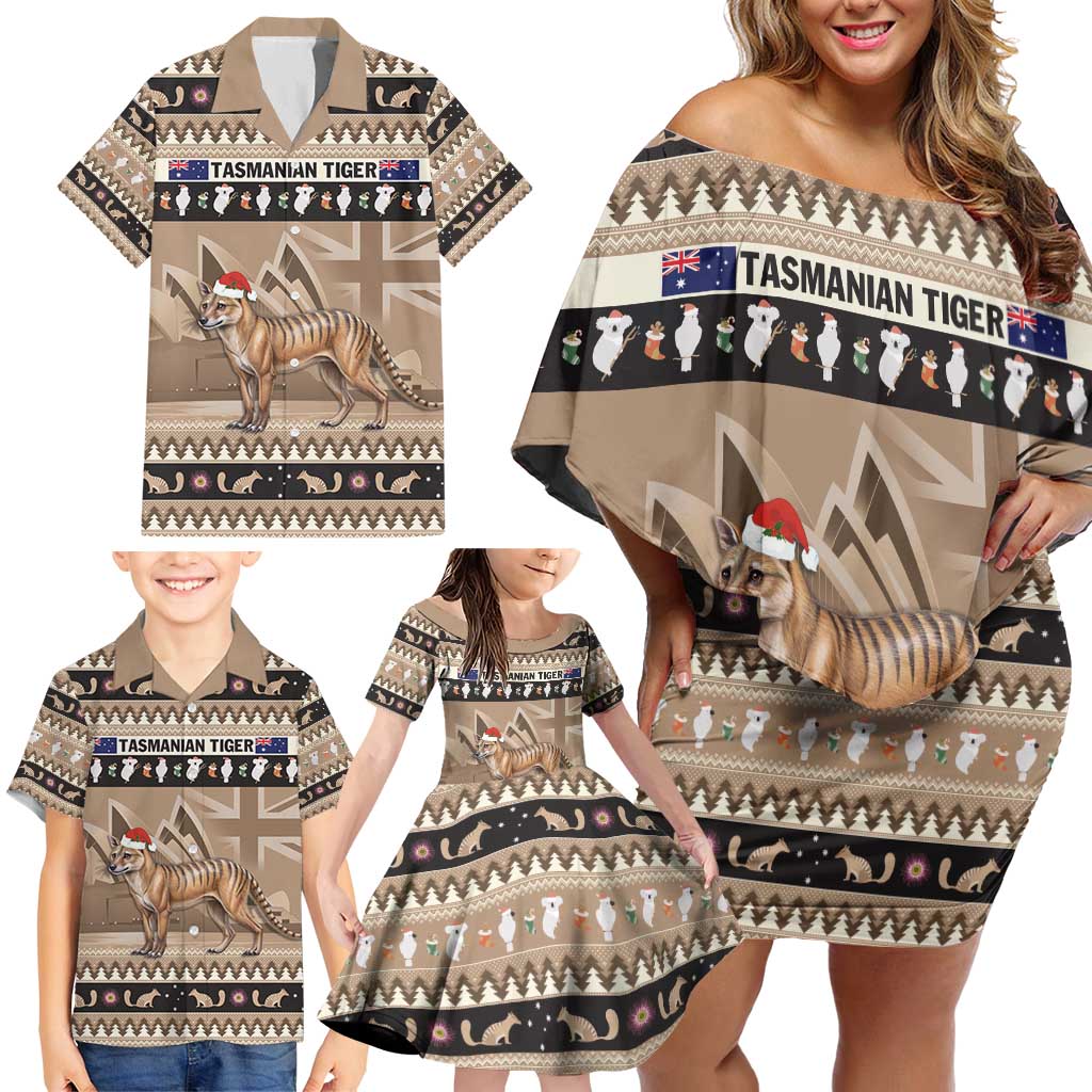 Aussie Tasmanian Tiger Family Matching Off Shoulder Short Dress and Hawaiian Shirt Merry Christmas