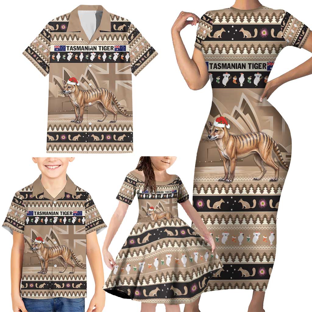 Aussie Tasmanian Tiger Family Matching Short Sleeve Bodycon Dress and Hawaiian Shirt Merry Christmas