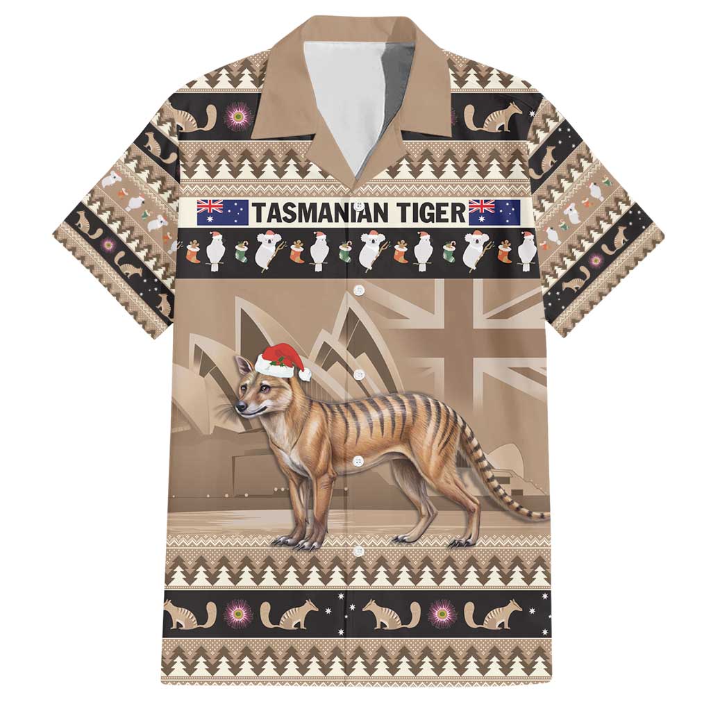 Aussie Tasmanian Tiger Family Matching Short Sleeve Bodycon Dress and Hawaiian Shirt Merry Christmas
