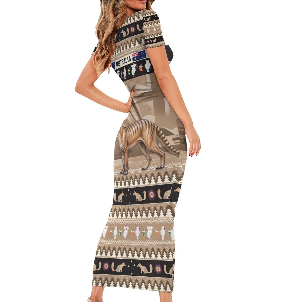 Aussie Tasmanian Tiger Family Matching Short Sleeve Bodycon Dress and Hawaiian Shirt Merry Christmas