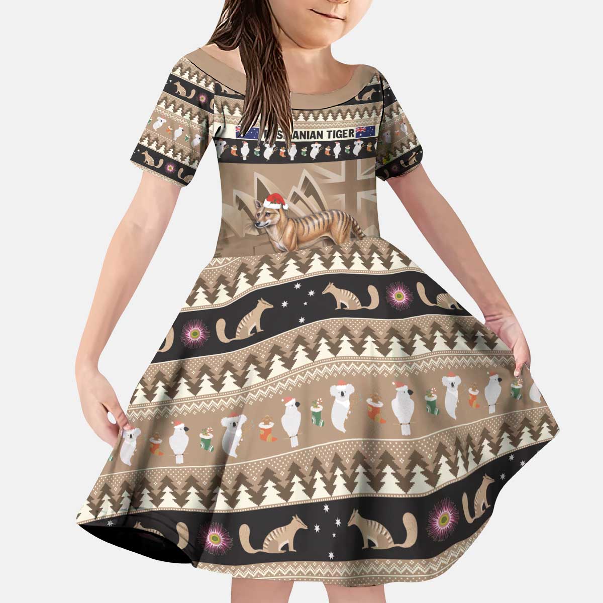 Aussie Tasmanian Tiger Kid Short Sleeve Dress Merry Christmas