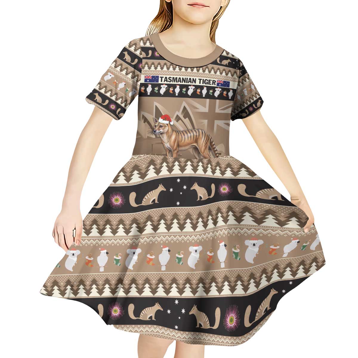 Aussie Tasmanian Tiger Kid Short Sleeve Dress Merry Christmas