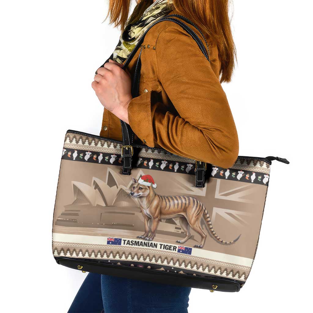 Aussie Tasmanian Tiger Leather Tote Bag Merry Christmas
