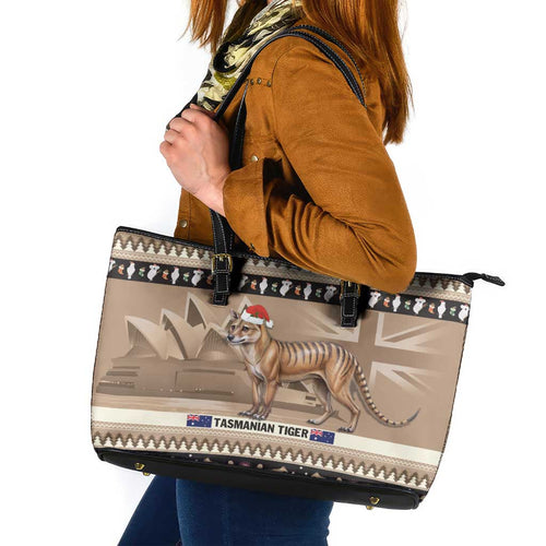 Aussie Tasmanian Tiger Leather Tote Bag Merry Christmas