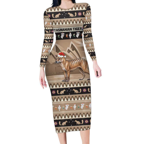 Aussie Tasmanian Tiger Long Sleeve Bodycon Dress Merry Christmas