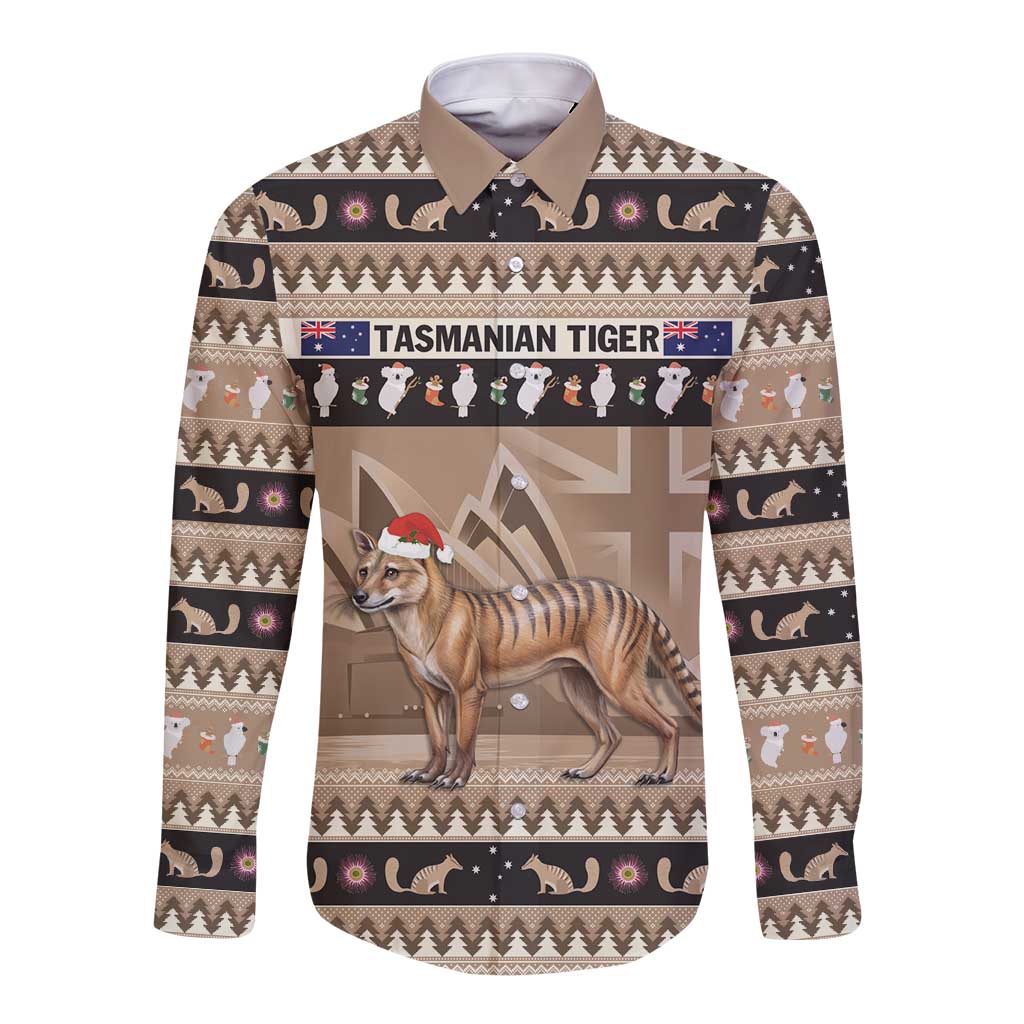 Aussie Tasmanian Tiger Long Sleeve Button Shirt Merry Christmas