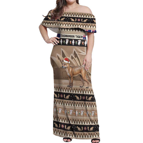 Aussie Tasmanian Tiger Off Shoulder Maxi Dress Merry Christmas