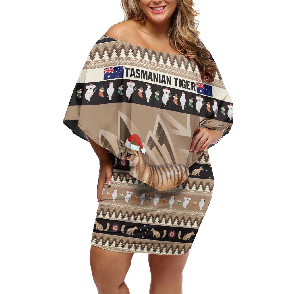 Aussie Tasmanian Tiger Off Shoulder Short Dress Merry Christmas