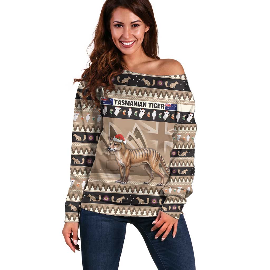 Aussie Tasmanian Tiger Off Shoulder Sweater Merry Christmas