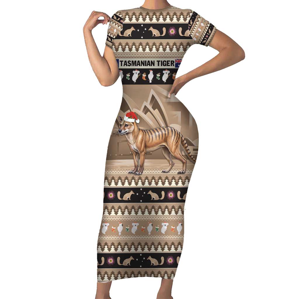Aussie Tasmanian Tiger Short Sleeve Bodycon Dress Merry Christmas