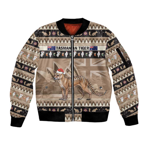 Aussie Tasmanian Tiger Sleeve Zip Bomber Jacket Merry Christmas