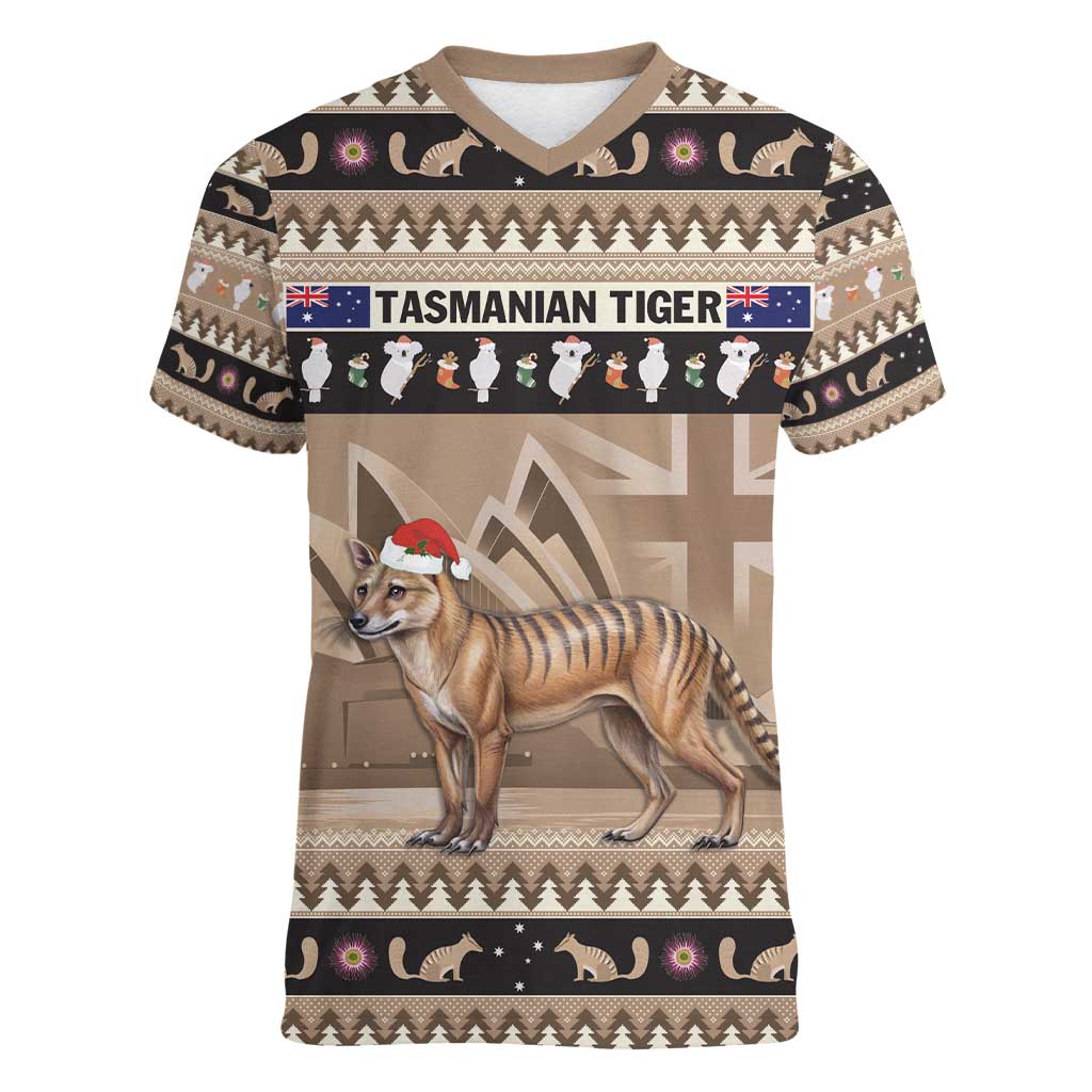 Aussie Tasmanian Tiger Women V-Neck T-Shirt Merry Christmas