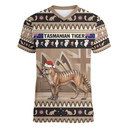 Aussie Tasmanian Tiger Women V-Neck T-Shirt Merry Christmas
