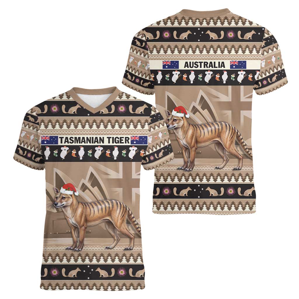 Aussie Tasmanian Tiger Women V-Neck T-Shirt Merry Christmas