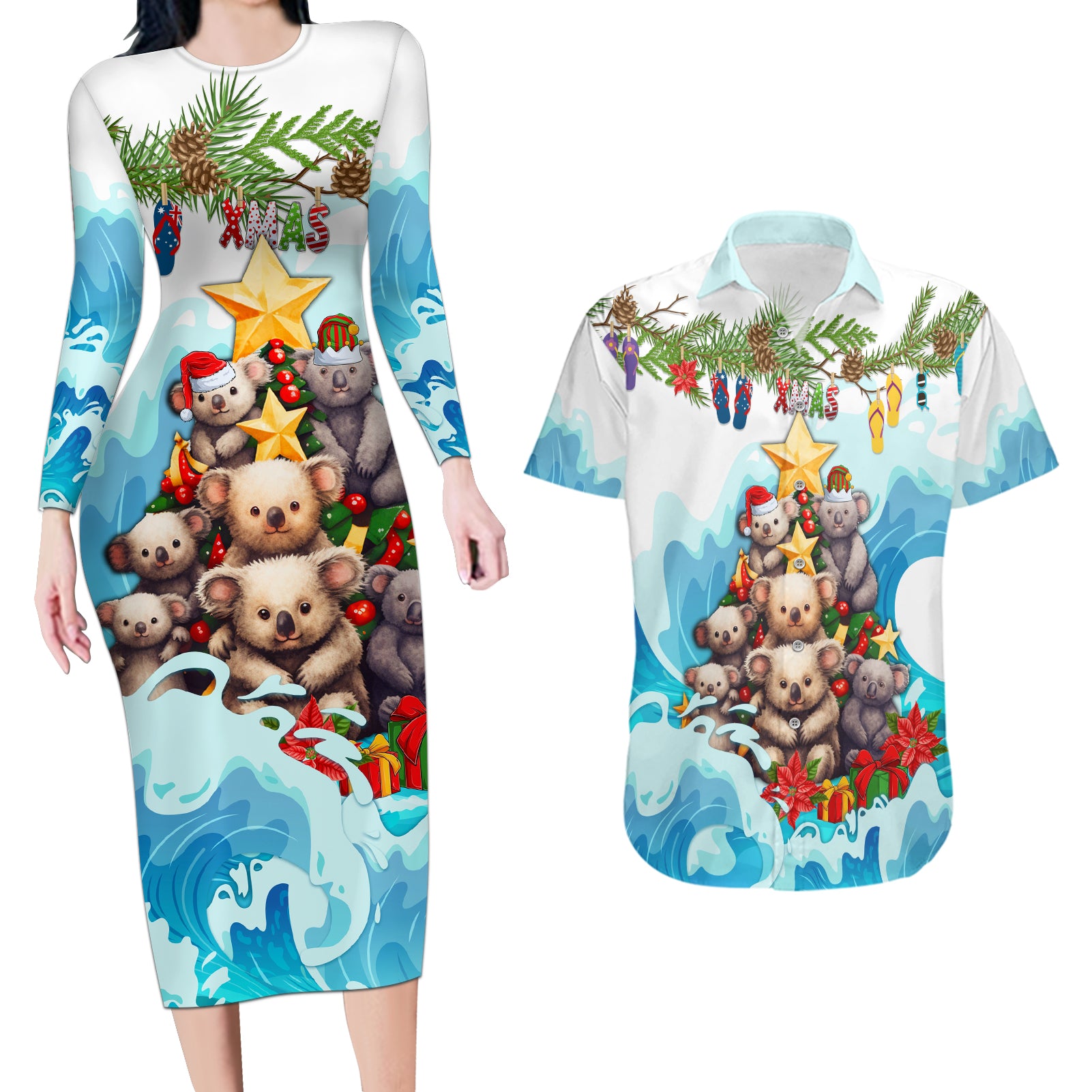 personalised-australia-koala-christmas-couples-matching-long-sleeve-bodycon-dress-and-hawaiian-shirt-merry-and-bright-breaking-wave