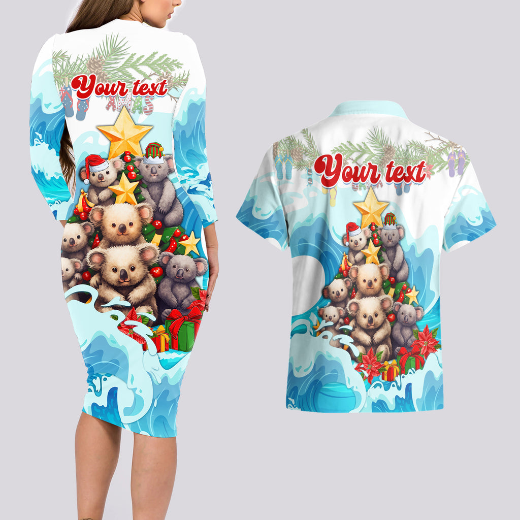 personalised-australia-koala-christmas-couples-matching-long-sleeve-bodycon-dress-and-hawaiian-shirt-merry-and-bright-breaking-wave
