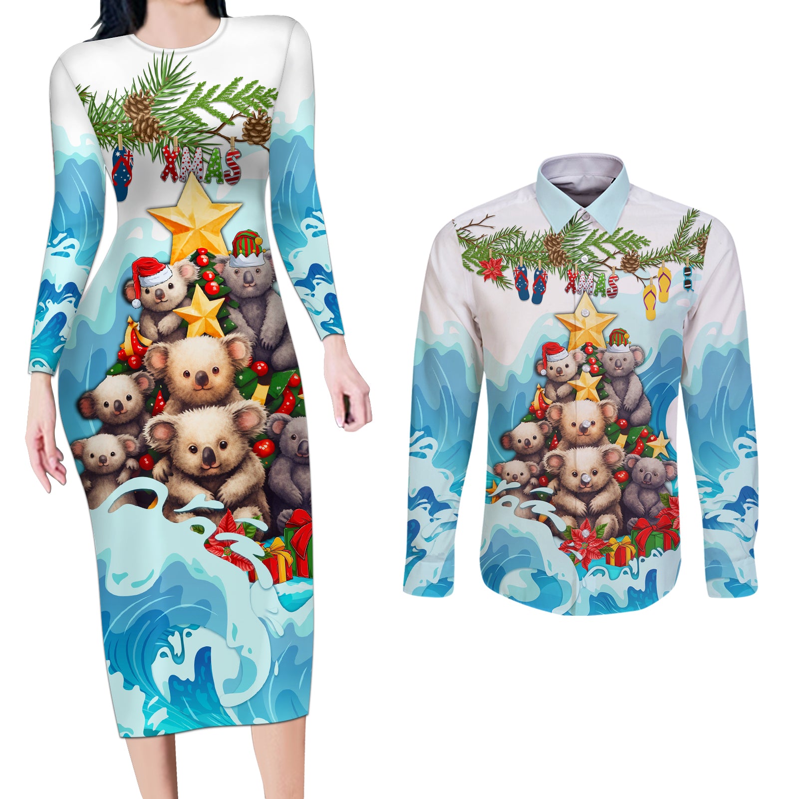 personalised-australia-koala-christmas-couples-matching-long-sleeve-bodycon-dress-and-long-sleeve-button-shirt-merry-and-bright-breaking-wave