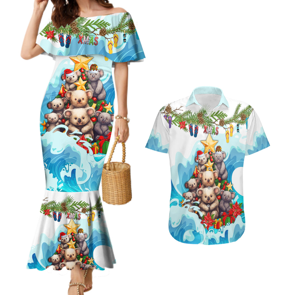 personalised-australia-koala-christmas-couples-matching-mermaid-dress-and-hawaiian-shirt-merry-and-bright-breaking-wave