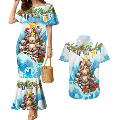 personalised-australia-koala-christmas-couples-matching-mermaid-dress-and-hawaiian-shirt-merry-and-bright-breaking-wave
