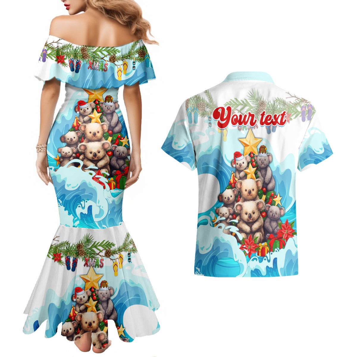 personalised-australia-koala-christmas-couples-matching-mermaid-dress-and-hawaiian-shirt-merry-and-bright-breaking-wave
