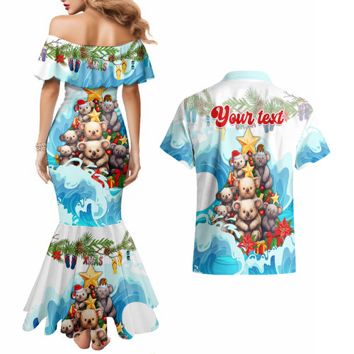 personalised-australia-koala-christmas-couples-matching-mermaid-dress-and-hawaiian-shirt-merry-and-bright-breaking-wave