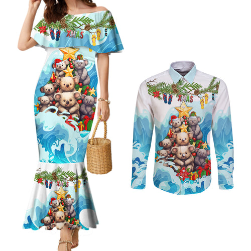 personalised-australia-koala-christmas-couples-matching-mermaid-dress-and-long-sleeve-button-shirt-merry-and-bright-breaking-wave