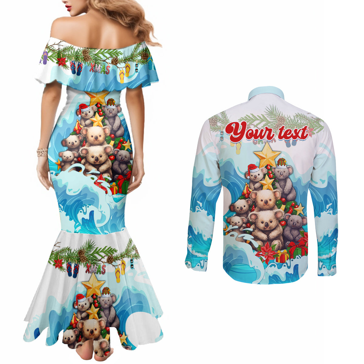 personalised-australia-koala-christmas-couples-matching-mermaid-dress-and-long-sleeve-button-shirt-merry-and-bright-breaking-wave