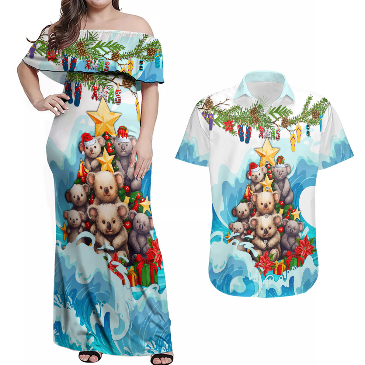 personalised-australia-koala-christmas-couples-matching-off-shoulder-maxi-dress-and-hawaiian-shirt-merry-and-bright-breaking-wave