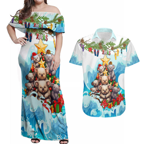 personalised-australia-koala-christmas-couples-matching-off-shoulder-maxi-dress-and-hawaiian-shirt-merry-and-bright-breaking-wave