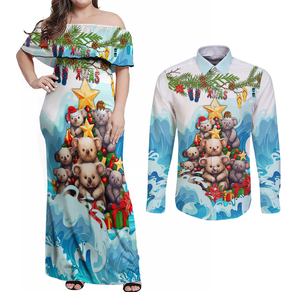 personalised-australia-koala-christmas-couples-matching-off-shoulder-maxi-dress-and-long-sleeve-button-shirt-merry-and-bright-breaking-wave