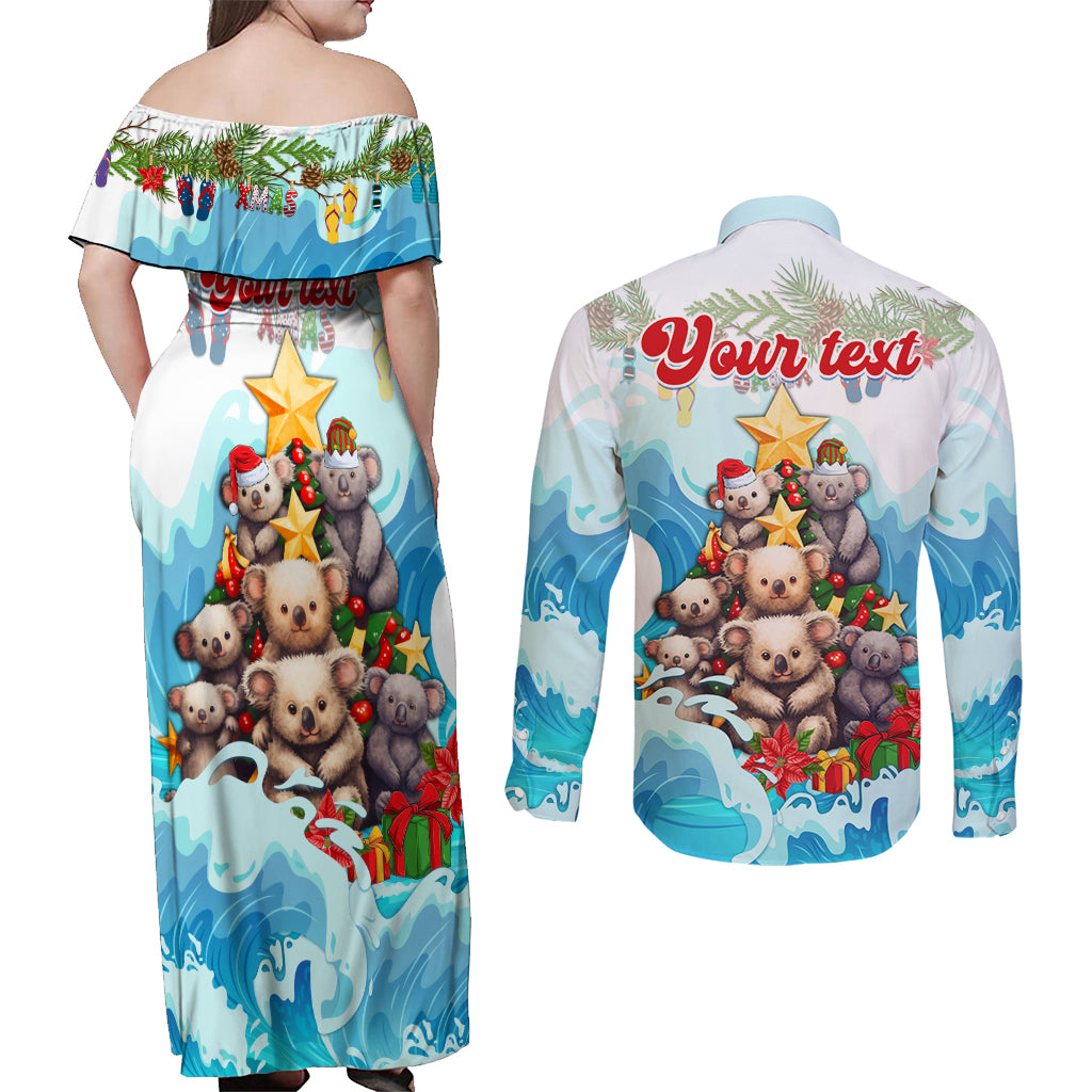 personalised-australia-koala-christmas-couples-matching-off-shoulder-maxi-dress-and-long-sleeve-button-shirt-merry-and-bright-breaking-wave