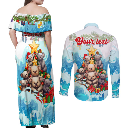 personalised-australia-koala-christmas-couples-matching-off-shoulder-maxi-dress-and-long-sleeve-button-shirt-merry-and-bright-breaking-wave