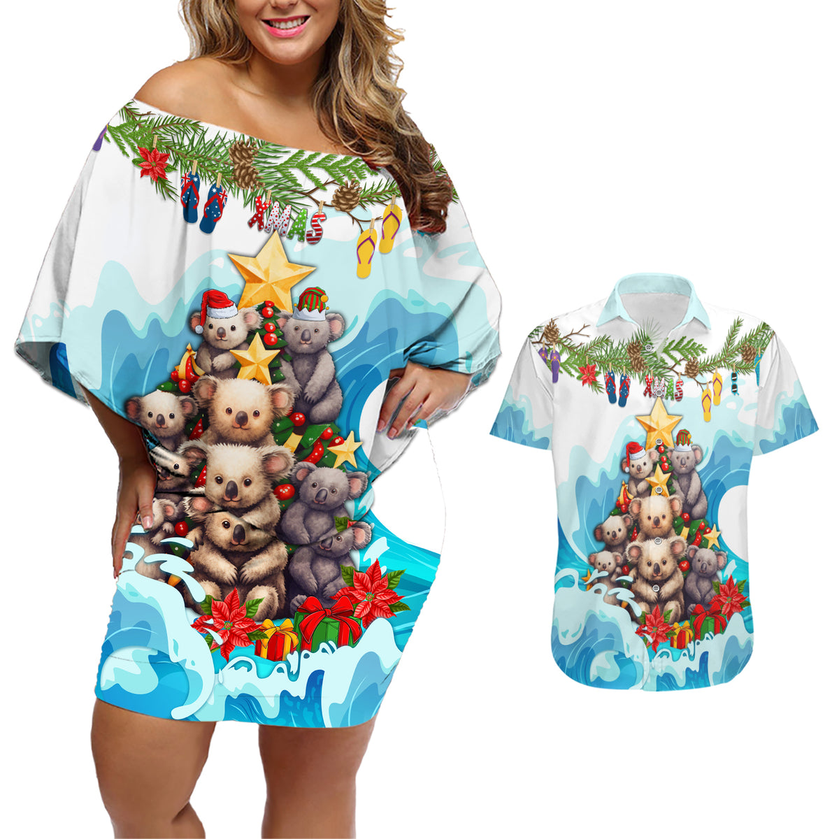 personalised-australia-koala-christmas-couples-matching-off-shoulder-short-dress-and-hawaiian-shirt-merry-and-bright-breaking-wave