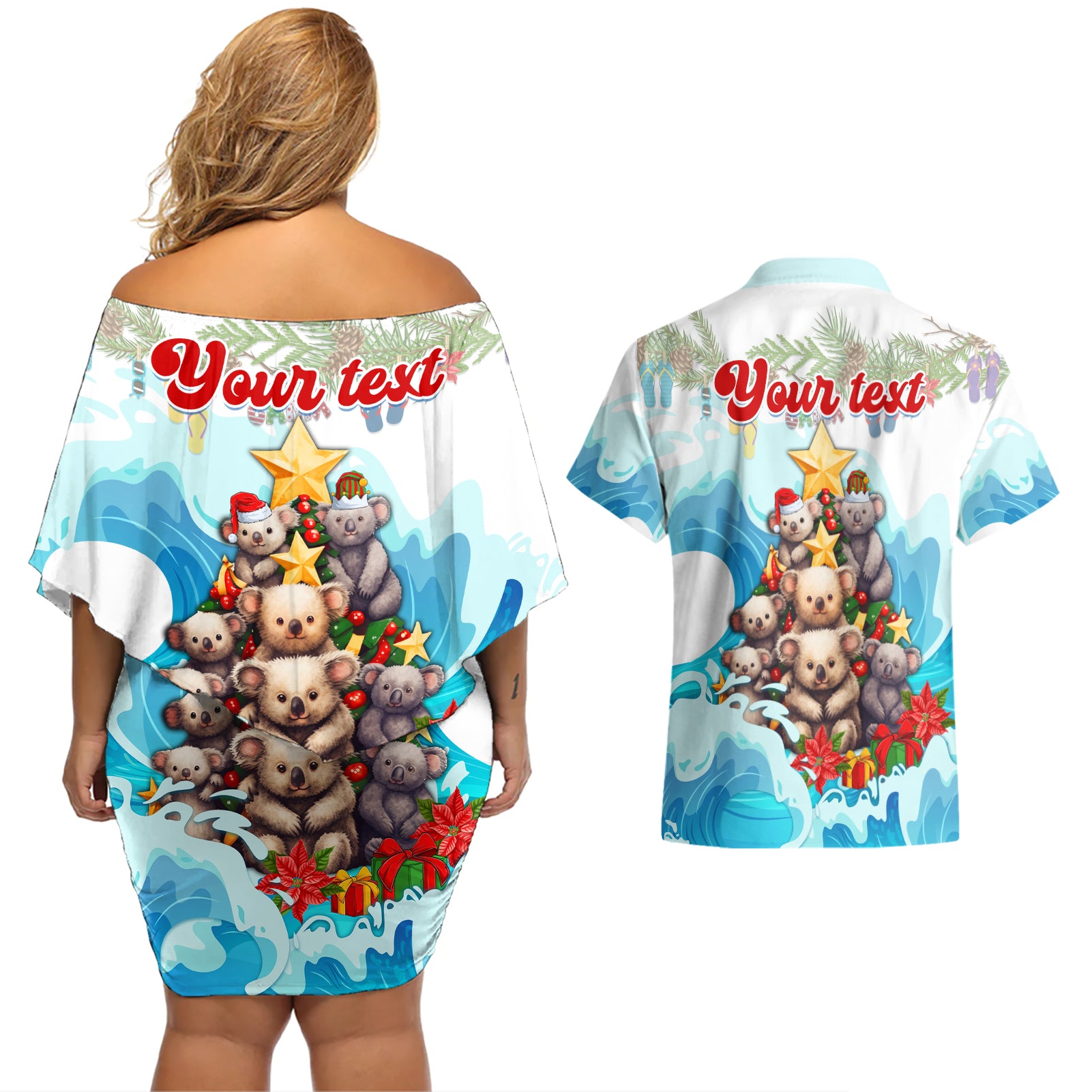 personalised-australia-koala-christmas-couples-matching-off-shoulder-short-dress-and-hawaiian-shirt-merry-and-bright-breaking-wave