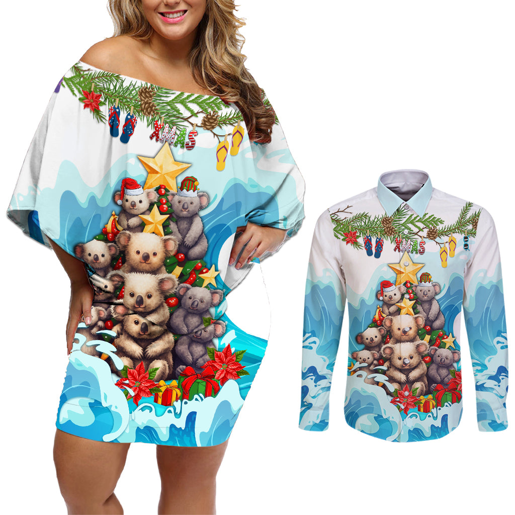 personalised-australia-koala-christmas-couples-matching-off-shoulder-short-dress-and-long-sleeve-button-shirt-merry-and-bright-breaking-wave