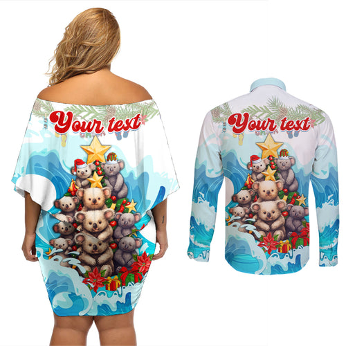 personalised-australia-koala-christmas-couples-matching-off-shoulder-short-dress-and-long-sleeve-button-shirt-merry-and-bright-breaking-wave
