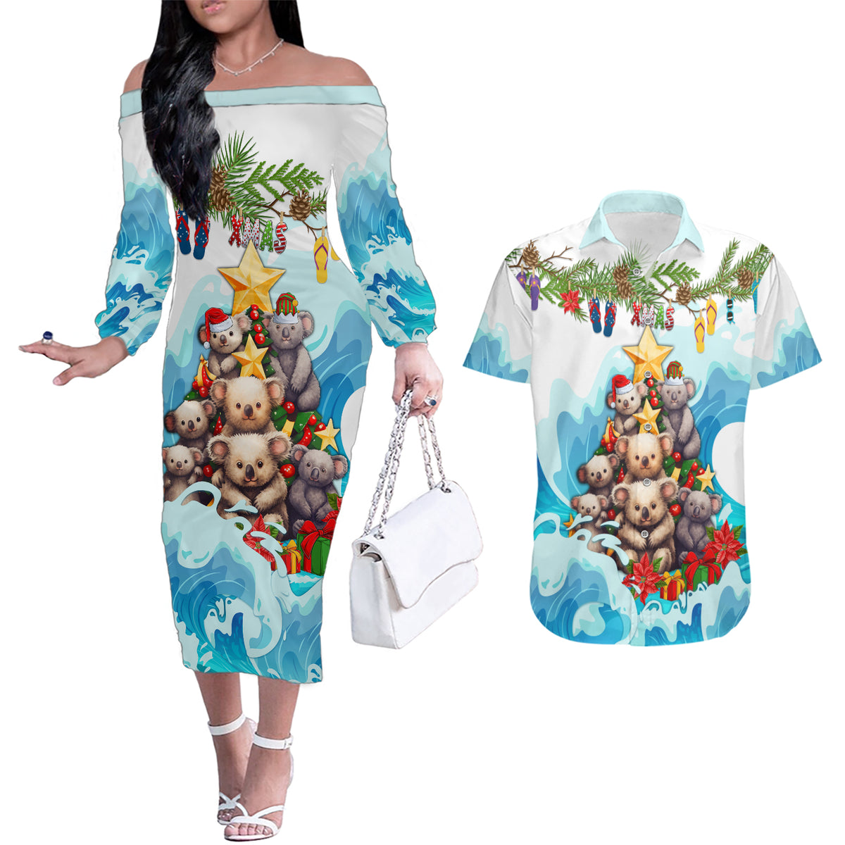 personalised-australia-koala-christmas-couples-matching-off-the-shoulder-long-sleeve-dress-and-hawaiian-shirt-merry-and-bright-breaking-wave