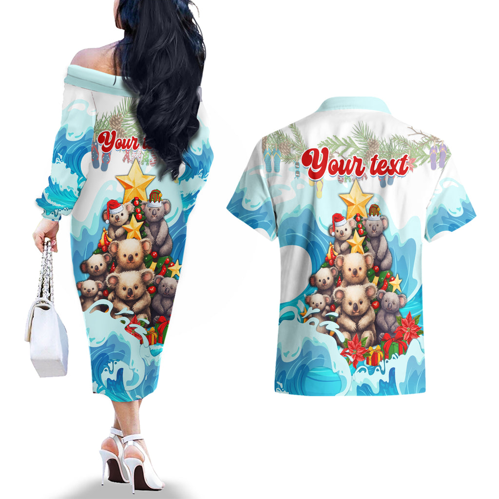 personalised-australia-koala-christmas-couples-matching-off-the-shoulder-long-sleeve-dress-and-hawaiian-shirt-merry-and-bright-breaking-wave