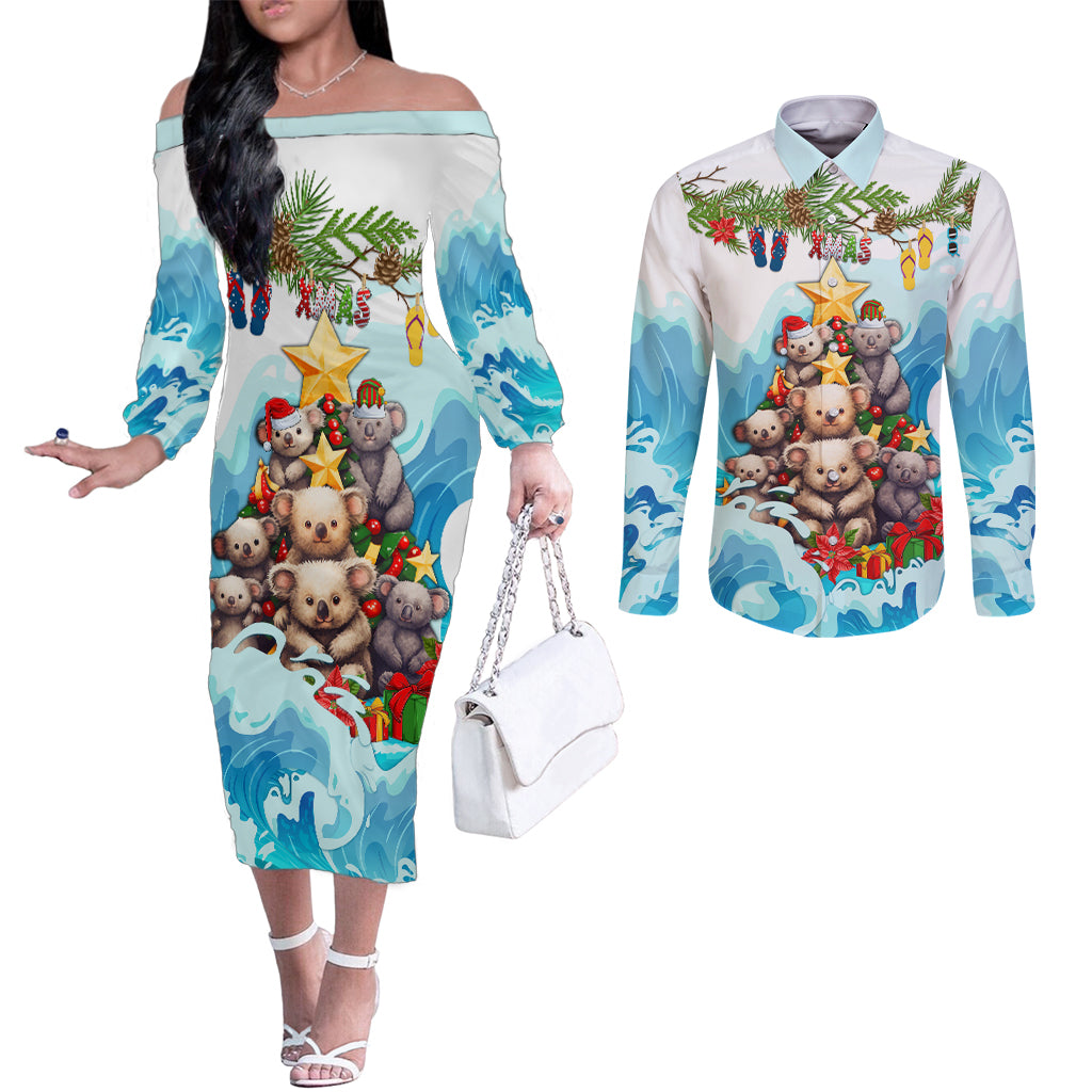 personalised-australia-koala-christmas-couples-matching-off-the-shoulder-long-sleeve-dress-and-long-sleeve-button-shirt-merry-and-bright-breaking-wave