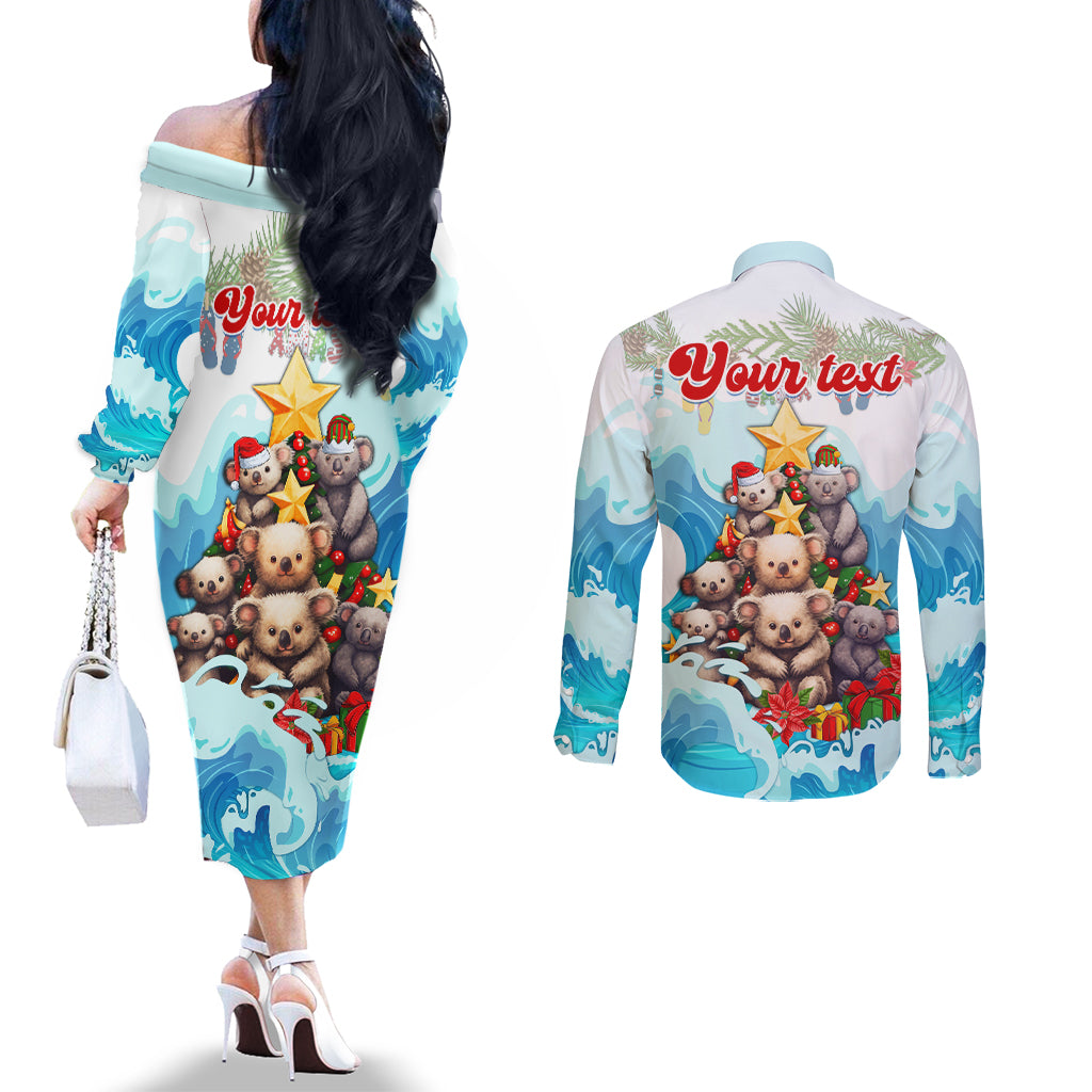personalised-australia-koala-christmas-couples-matching-off-the-shoulder-long-sleeve-dress-and-long-sleeve-button-shirt-merry-and-bright-breaking-wave