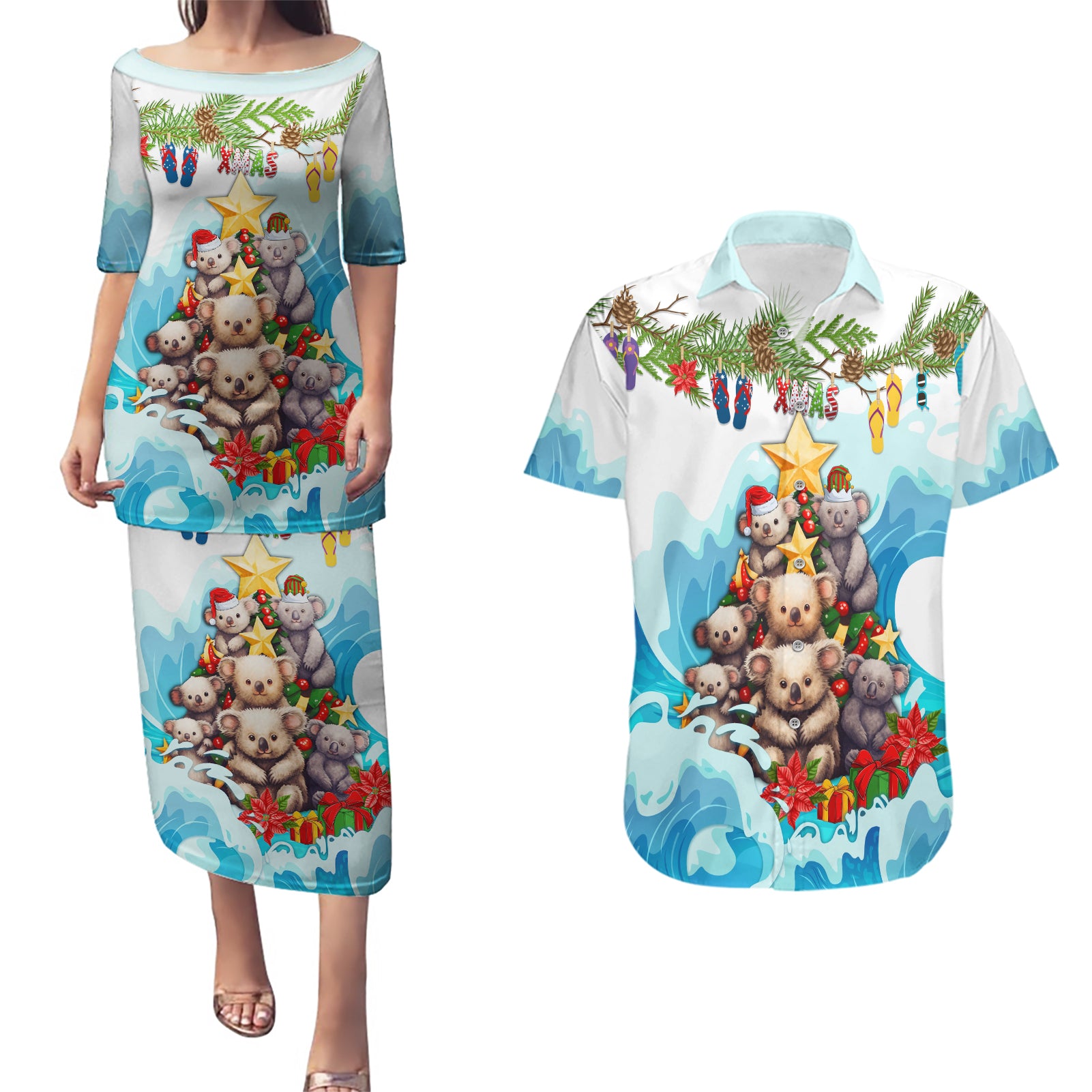 personalised-australia-koala-christmas-couples-matching-puletasi-dress-and-hawaiian-shirt-merry-and-bright-breaking-wave